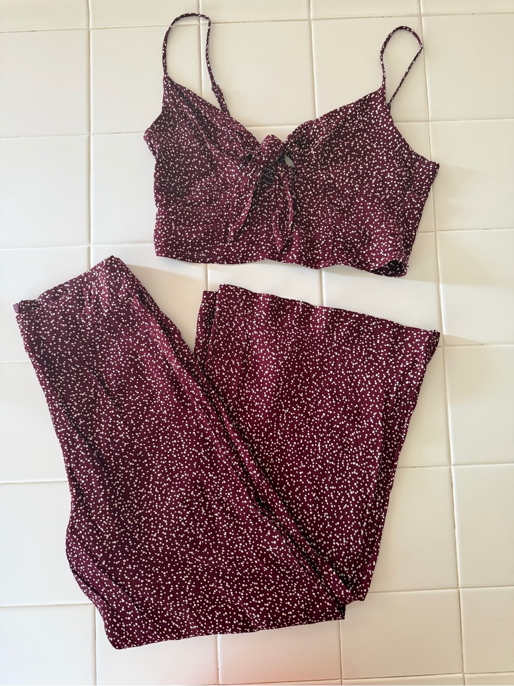 Blue Life Burgundy Dot Tie Front Top & Cropped Wide Leg Pant Set S